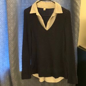 Women’s Collard Sweater- Croft & Barrow- size small, blue and white polka dots